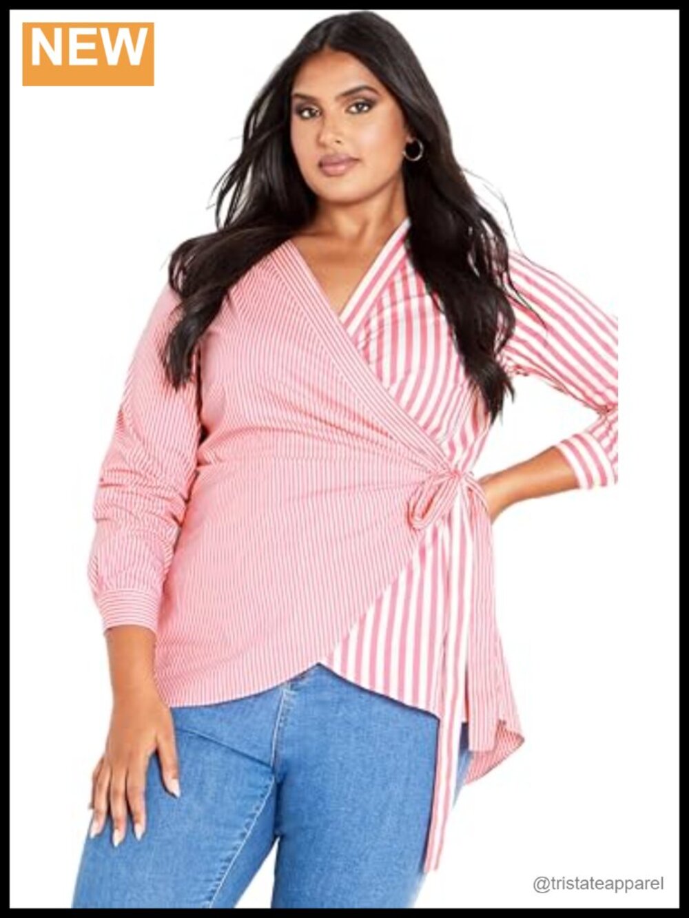Womens Plus Size Cotton Blend Stripe Button Down Shirt V-Neck 3/4 Sleeve